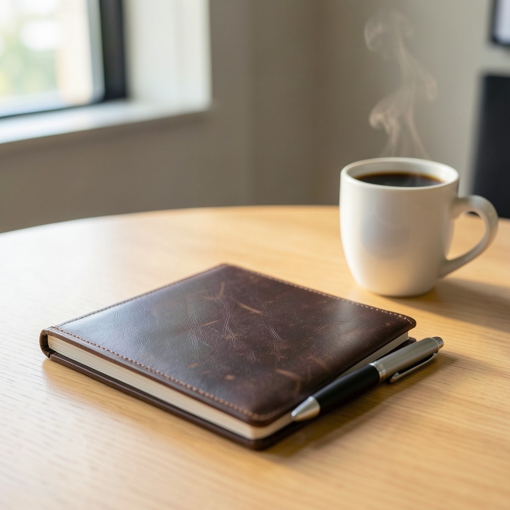 Agenda y café en una mesa durante una primera consulta laboral